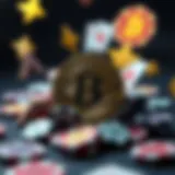 Bitcoin Casino Symbols A digital representation of a Bitcoin coin surrounded by casino-themed symbols.