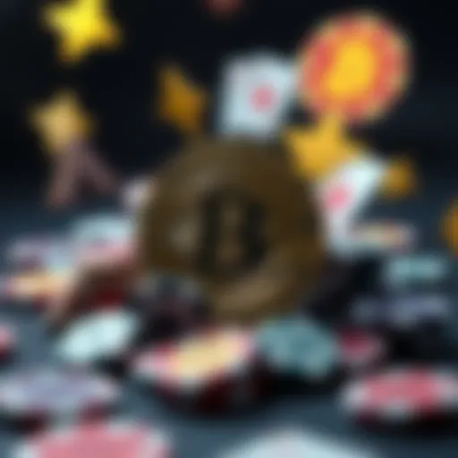 Bitcoin Casino Symbols A digital representation of a Bitcoin coin surrounded by casino-themed symbols.