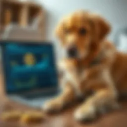 A golden retriever sitting next to a laptop displaying Bitcoin graphics