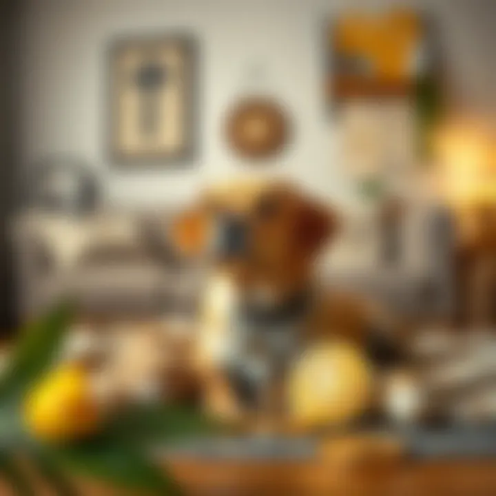 Dog and Bitcoin-themed Accessories in Home A cozy living room scene with a dog surrounded by Bitcoin-themed pet accessories