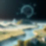 Conceptual representation of a virtual landscape merging with blockchain technology.